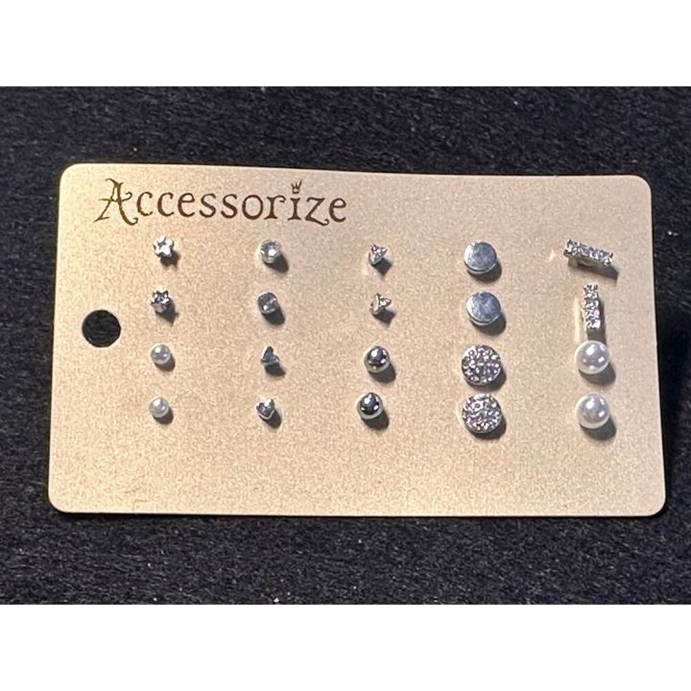 accessorize 5 pair stud earring set silver tone pearl rhinestone jewelry nwt